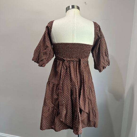 Faithfull the Brand Eryn Mini Dress Brown & White Polka Dot Puff Sleeve Sz 4 - Picture 5 of 12